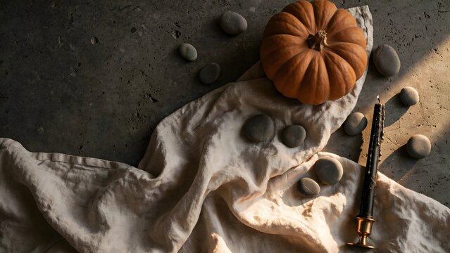 Seasonal autumn harvest pumpkin gourd with candle and stones on draped fabric
