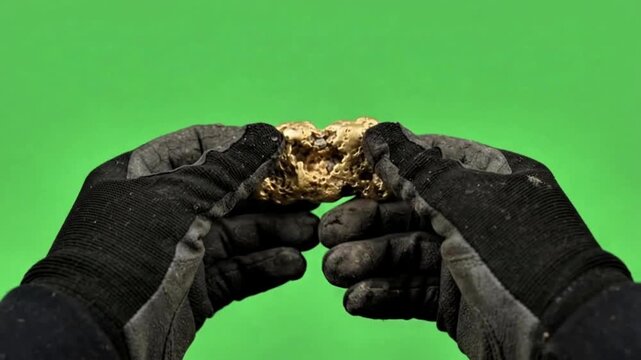 Close-up: a miner&rsquo;s hand holding a chunk of gold while wearing gloves, against a green screen 