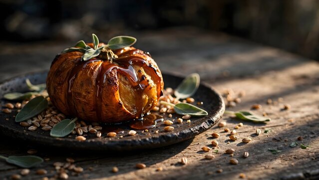 Warm baked fruit dessert with glaze and herbs on plate