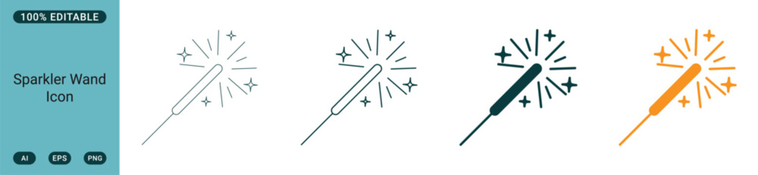 Sparkler wand icon set, festive firework stick for celebration, party, holiday, and birthday events, vector illustration design element web icon set in linear style
