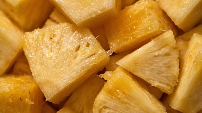 Extreme macro photograph of fresh golden yellow pineapple chunks with juicy fibrous flesh and natural irregular shapes
