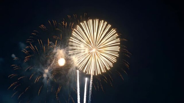 Golden Burst of Joy: Spectacular golden fireworks illuminate the night sky, creating a dazzling display of light and color, a symbol of celebration and festivity.