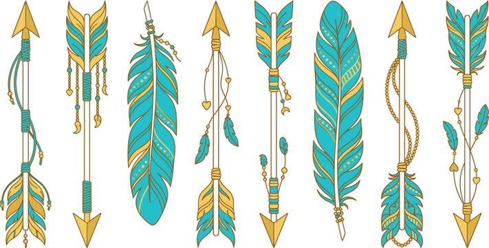 Boho Tribal Gold and Teal Arrow and Feather Vector Set for Creative Graphic Design