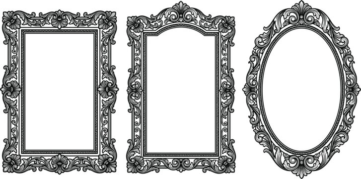 Baroque ornate vintage picture frames with carved floral scrollwork black vector illustration collection set