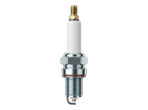 Spark plug with metallic threading and ceramic insulator mounted on a transparent background.
