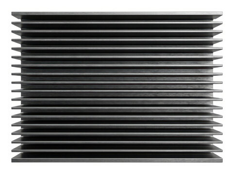 Black rectangular fin array with evenly spaced parallel ridges for heat dissipation.