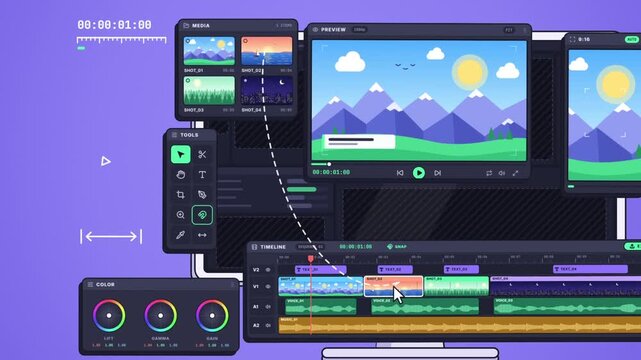 Video editing software interface pops out of flat monitor as cursor cuts timeline, grades color and exports