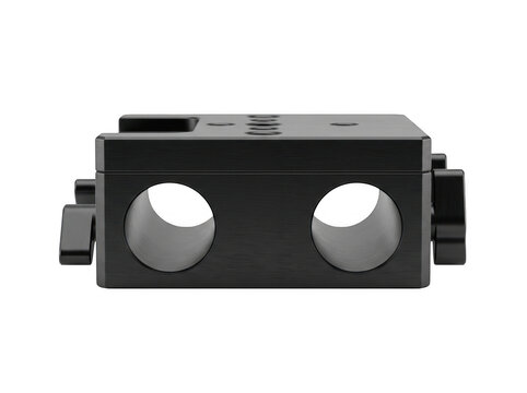 Black dual-hole mounting bracket with screws for securing camera accessories to tripods.