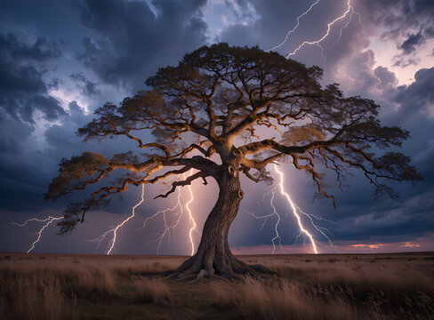 Majestic ancient oak tree struck by lightning in stormy landscape