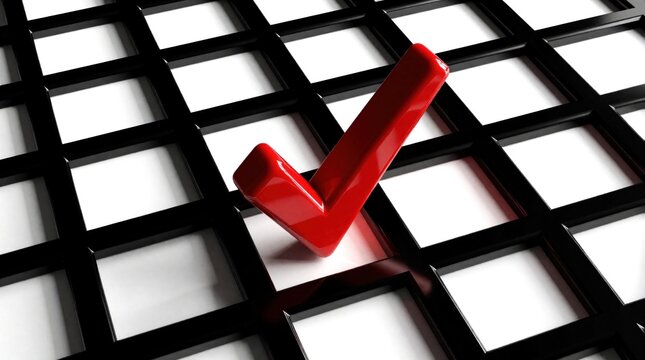 Red 3D check mark sits on black grid pattern. Glossy symbol represents success, approval correct choice in business task. Digital icon shows completed goal verified option in modern web interface.