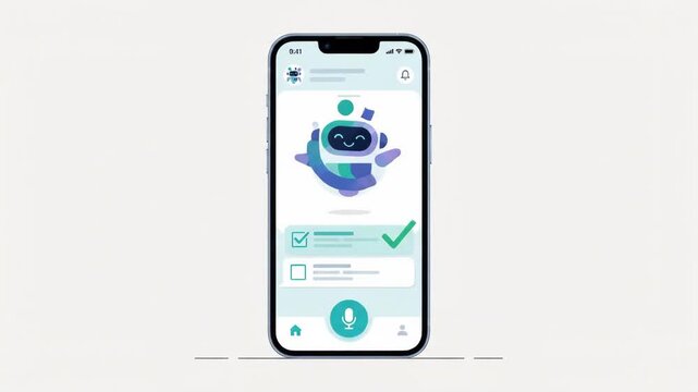 Smartphone AI voice assistant app animation with cute robot, microphone button and completed task checklist
