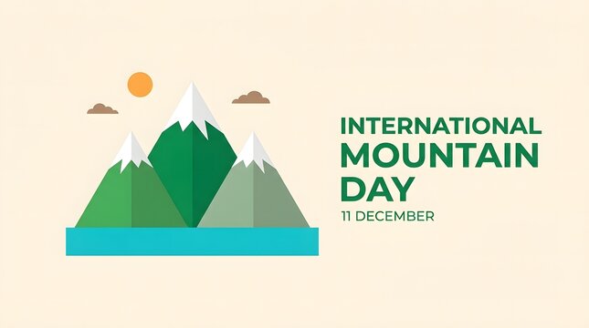 International mountain day vector illustration with snowy peaks, sun, and clouds, flat design for environmental awareness campaign