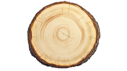 Fototapeta premium specimen. Smooth cross section of brown tree stump showing age rings, displayed on white background highlighting wood grain texture, gardening catalogs.