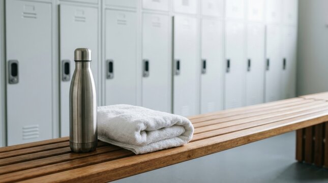 Stainless steel water bottle and folded white towel on a wooden bench in a gym locker room