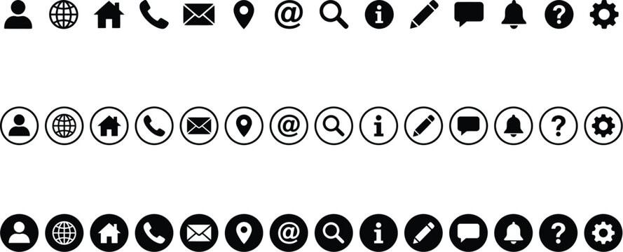 A collection of 14 essential user interface icons in three monochrome styles, including solid glyphs, circular outline icons, and white symbols on black backgrounds. Features user profile, globe, home