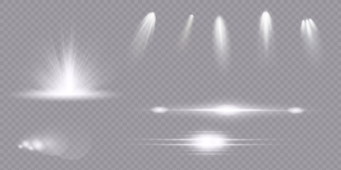Plakat Various light effects on a transparent background. They have the form of symmetrical rays, reminiscent of twinkling stars. For decorating dynamic scenes or adding movement.