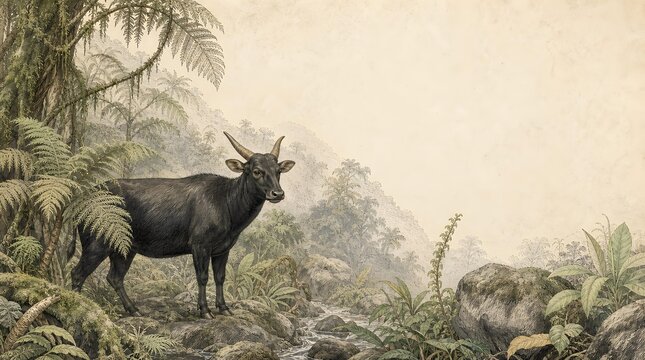 Sulawesi Anoa Dwarf Buffalo Standing by Rainforest Stream and Ferns Natural History Museum Style Graphic Line Art Illustration Background