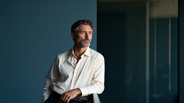Thoughtful Man in Modern Office: A mature man with a distinguished beard and thoughtful expression leans against a wall in a sleek, modern office, bathed in soft, natural light.