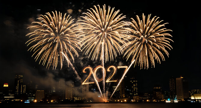 Golden fireworks display with 2027 new year text isolated on