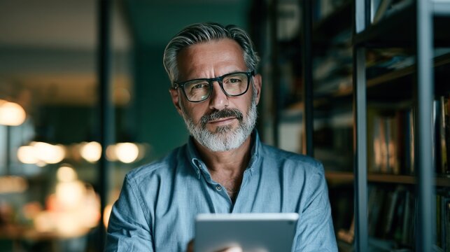 Focused Entrepreneurial Spirit: A distinguished older businessman, with salt-and-pepper hair and a neatly trimmed beard.