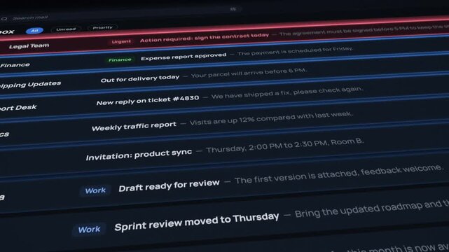 Dark mode inbox scrolling in 3D perspective as urgent email icon with red alert badge rises from the list