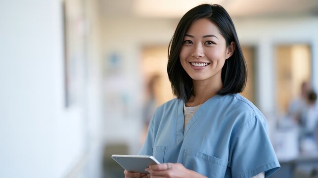 Caring Professional: A smiling Asian female nurse in blue scrubs stands in a hospital hallway, holding a tablet, representing compassion and medical expertise.