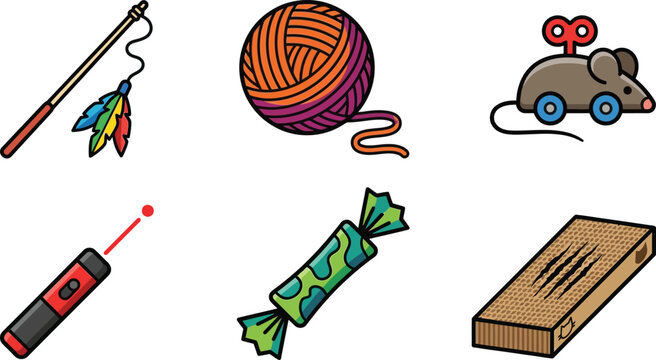 Collection of cat toys and pet accessories including a feather wand yarn ball wind-up mouse laser pointer and catnip treat isolated on white background