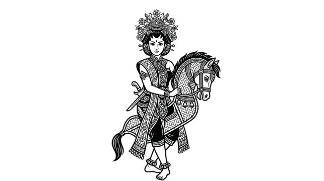 Traditional character performing Kuda Lumping dance with hobby horse.
