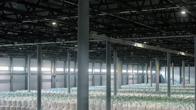 Massive industrial warehouse filled with rows of white bulk bags used for storing large quantities of materials. Wide view of a storage facility with thousands of flexible containers.