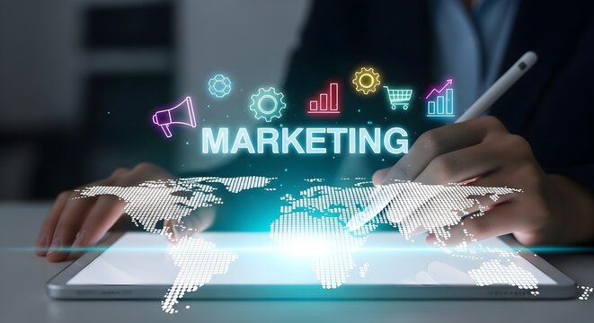 Digital Marketing Strategy with hands using stylus on tablet featuring glowing icons and world map hologram, ideal for business presentations and digital advertising concepts.