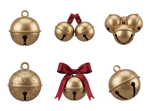 Set of six decorative golden christmas bells with red ribbons and ornate engraved patterns on a neutral... isolated on a transparent background