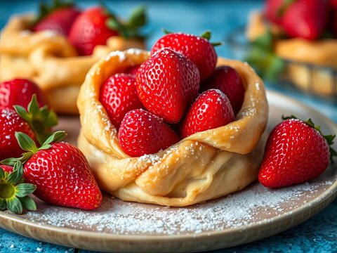 Flaky pastry crust wrapped around juicy strawberries, brown, golden