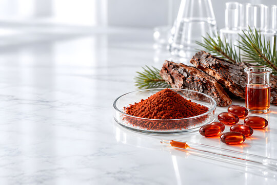 Pine Bark Extract Powder and Softgel Capsules in Laboratory