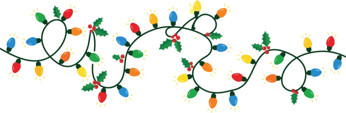 Colorful Christmas light string with holly leaves, festive holiday garland vector, decorative winter border with multi-colored bulbs and berries