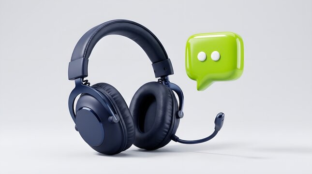 Modern dark blue gaming headset featuring a flexible microphone boom alongside a glossy green speech bubble icon