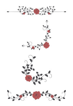 Red vintage floral divider, vintage print element, leafy scroll line.