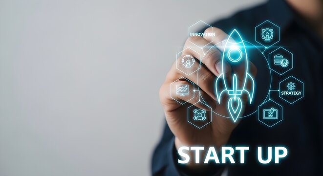 Business Growth Concept featuring a hand touching a glowing rocket launch interface with innovation and strategy icons, ideal for startup marketing and corporate growth strategy.
