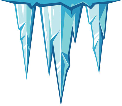 Frozen blue icicles hanging from a ledge, sharp winter ice stalactites vector, cold arctic frost design elements for seasonal borders