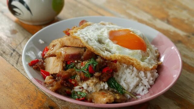 Thai Crispy Pork Belly Stir-Fried with Holy Basil and Chili Served on Rice with Fried Egg, Pad Kra Pao Moo Krob