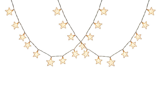Glowing star string lights isolated on transparent background