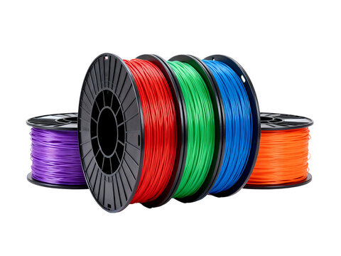 Various Colorful 3D Printing Filament Spools On White Background