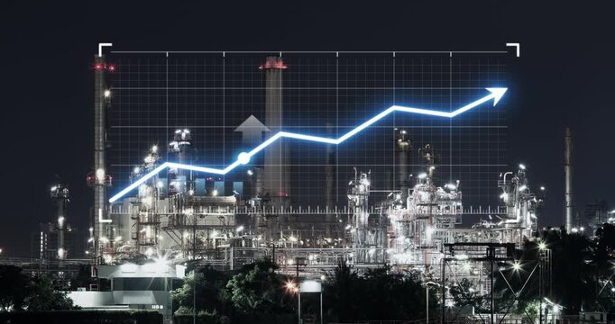 Animated rising line graph and blue bars overlay Oil Gas Refinery in Bangkok, Thailand, at night. Glowing arrow and grid above towers visualize petroleum market trends, energy growth and performance.