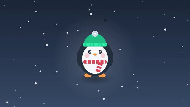 Cute little penguin wearing green winter hat and scarf standing under falling snow vector illustration