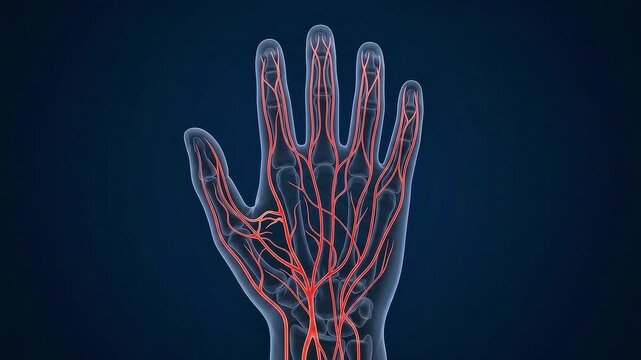 3D medical illustration of a human hand showing the circulatory system and blood vessels with skeletal bones in x-ray style on a dark blue background