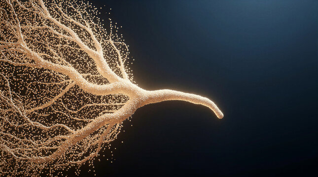 Dynamic particle swarm shaping a luminous organic root structure against a dark background
