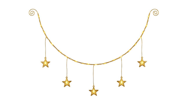 Glowing string lights garland with gold stars isolated on transparent background