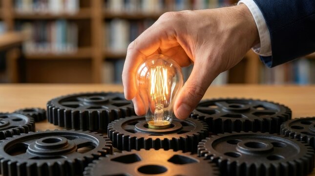 Hand placing glowing lightbulb on matte black gears for innovation