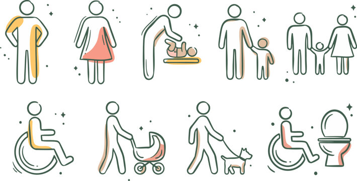 Hand-drawn line art illustration set featuring family members, parenting, baby care, wheelchair accessibility, people walking dogs, strollers, and accessible restroom symbols. White figures