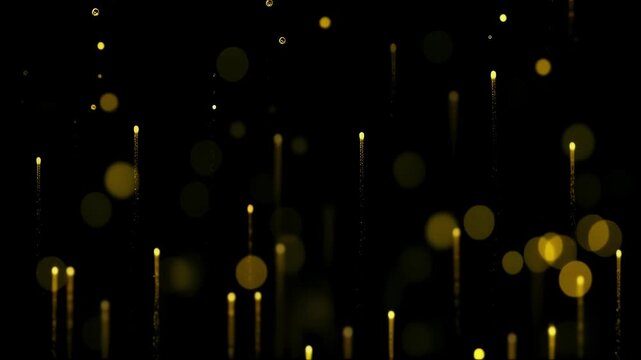 Rising golden bokeh and champagne bubbles floating on a pure black background