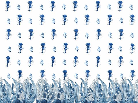 Watercolor blue jellyfish with bubbles and coral reef underwater illustration.
Seamless pink pattern with bow ribbon
